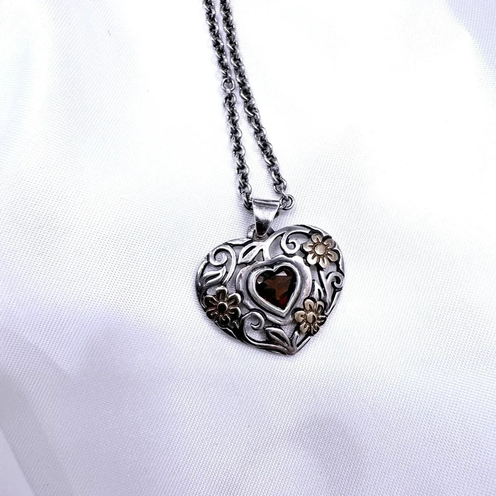 Retired James Avery‎ Garnet Heart Necklace Silver Gold Jewel Classic Preppy